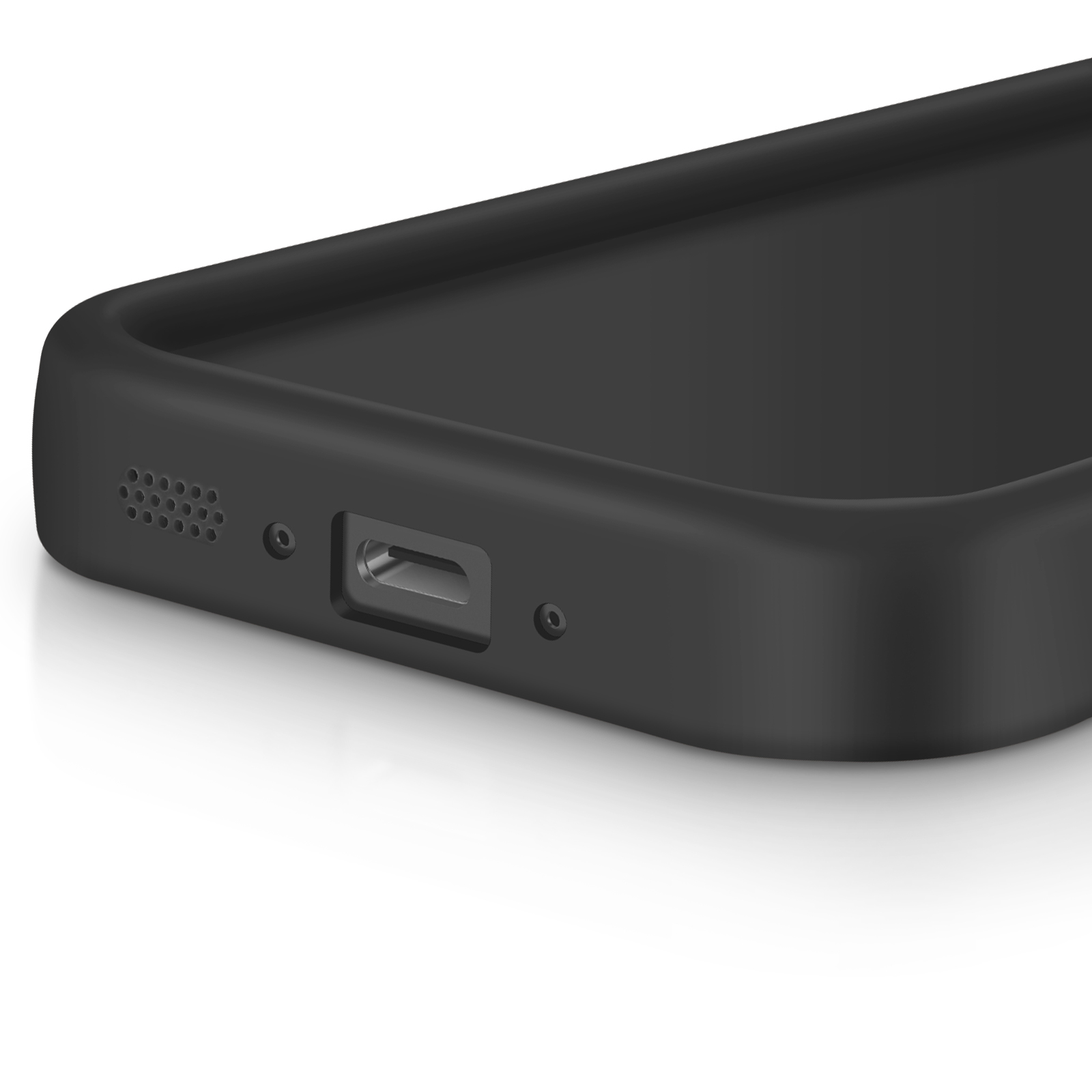 Gros plan d'une coque de téléphone noire avec un port et un haut-parleur. La coque est lisse et le port est visible.
