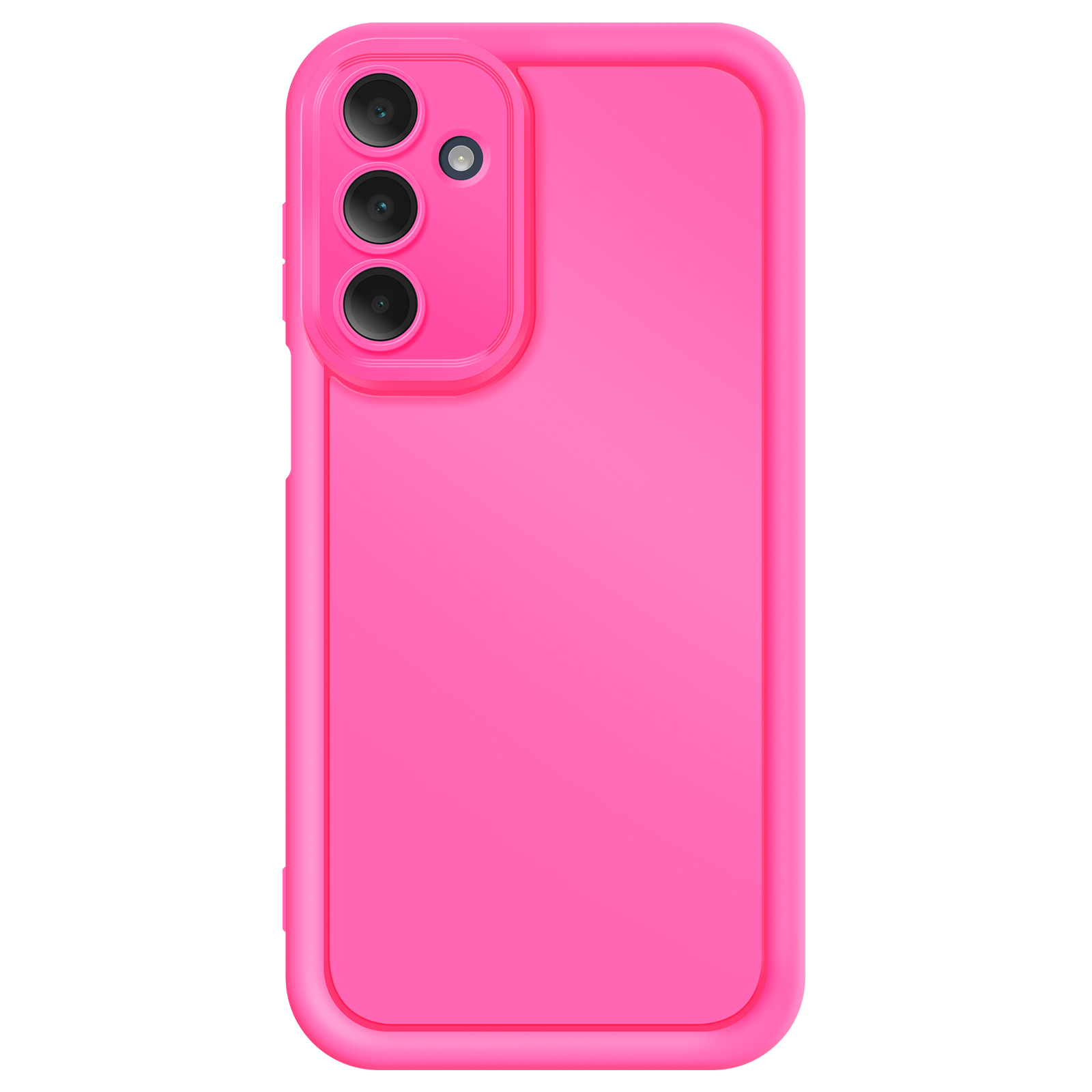 Una custodia per telefono rosa con tre fotocamere e un flash. Sfondo bianco.