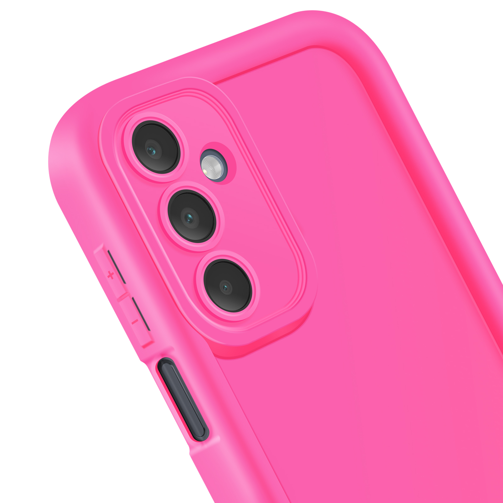 Custodia rosa per telefono con tre obiettivi e flash. La custodia è rosa.