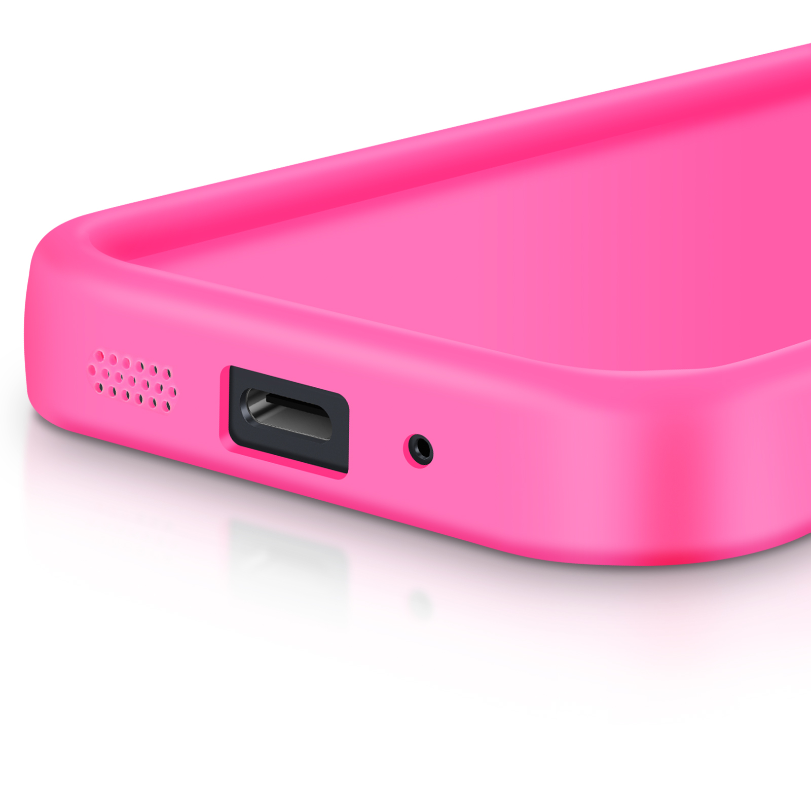 Primo piano di una custodia rosa per telefono con porta e altoparlante. La custodia è liscia e la porta è visibile.