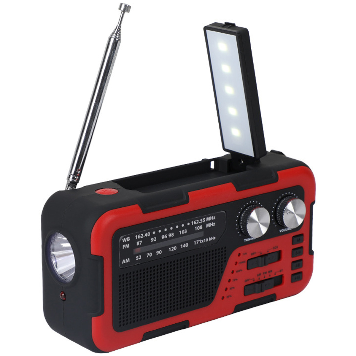 Rotes und schwarzes Notfallradio mit Licht und Antenne. Auf weißem Hintergrund isoliert.