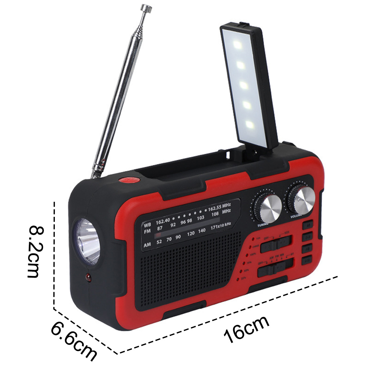 Ein rot-schwarzes Radio mit Licht und Antenne. Maße sind angegeben.