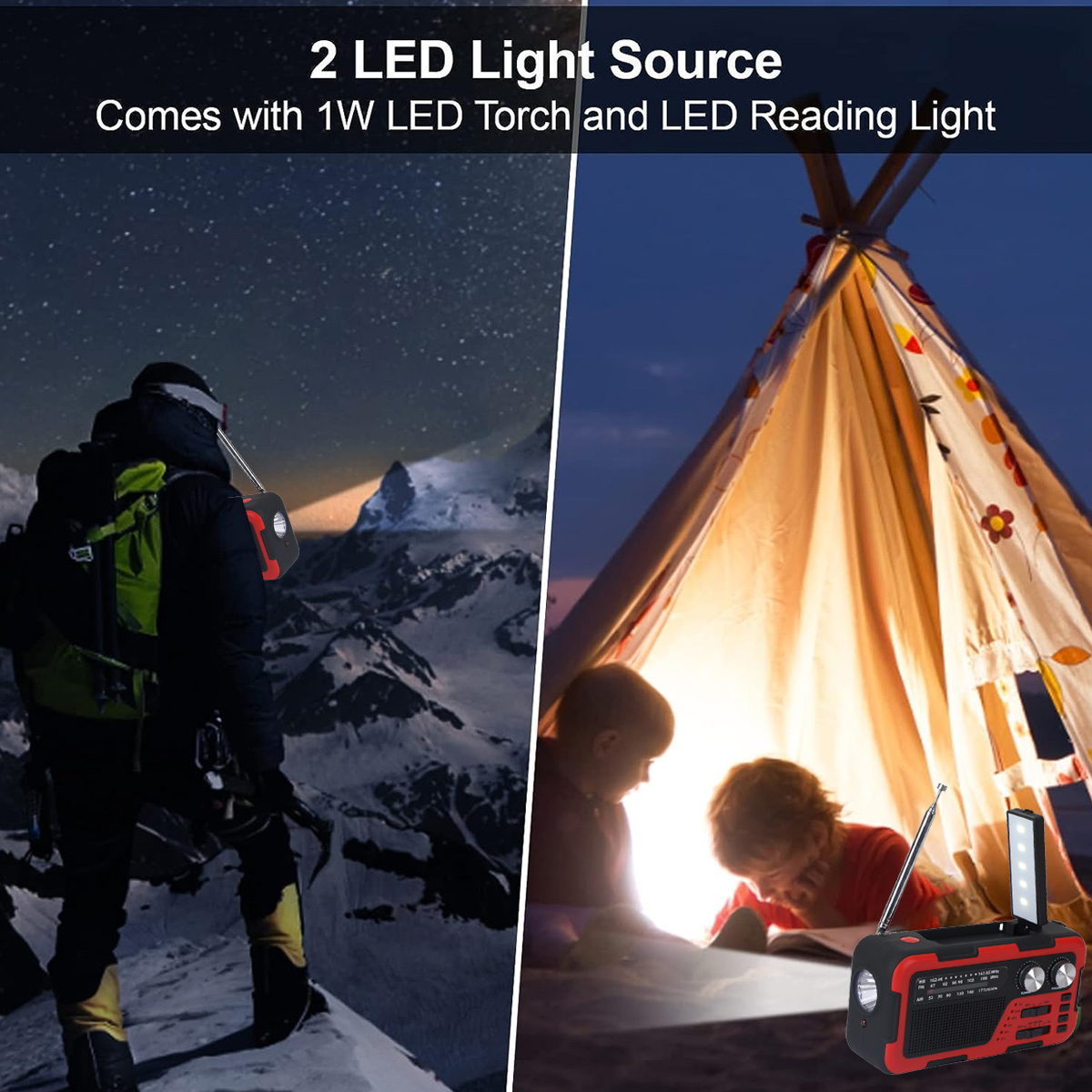 Das Bild zeigt eine Campingszene mit einer Taschenlampe und einem Radio. Eine Person wandert in schneebedeckten Bergen. Der Nachthimmel ist sichtbar.