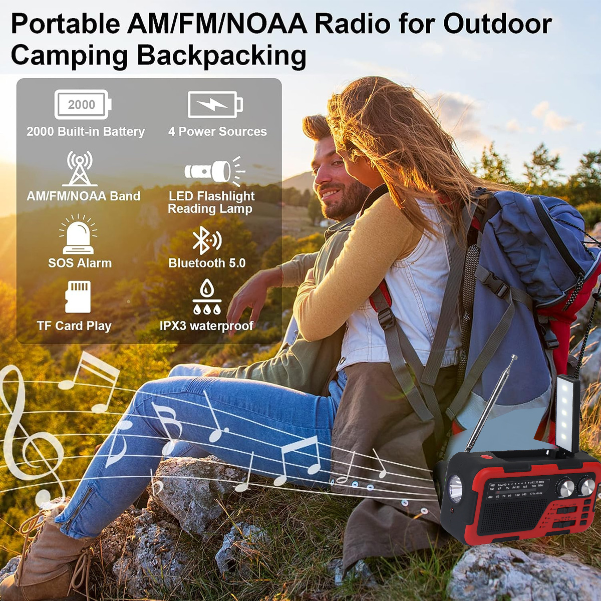 Menschen in der Nähe eines rot-schwarzen Radios. Text: Portable AM/FM/NOAA Radio...