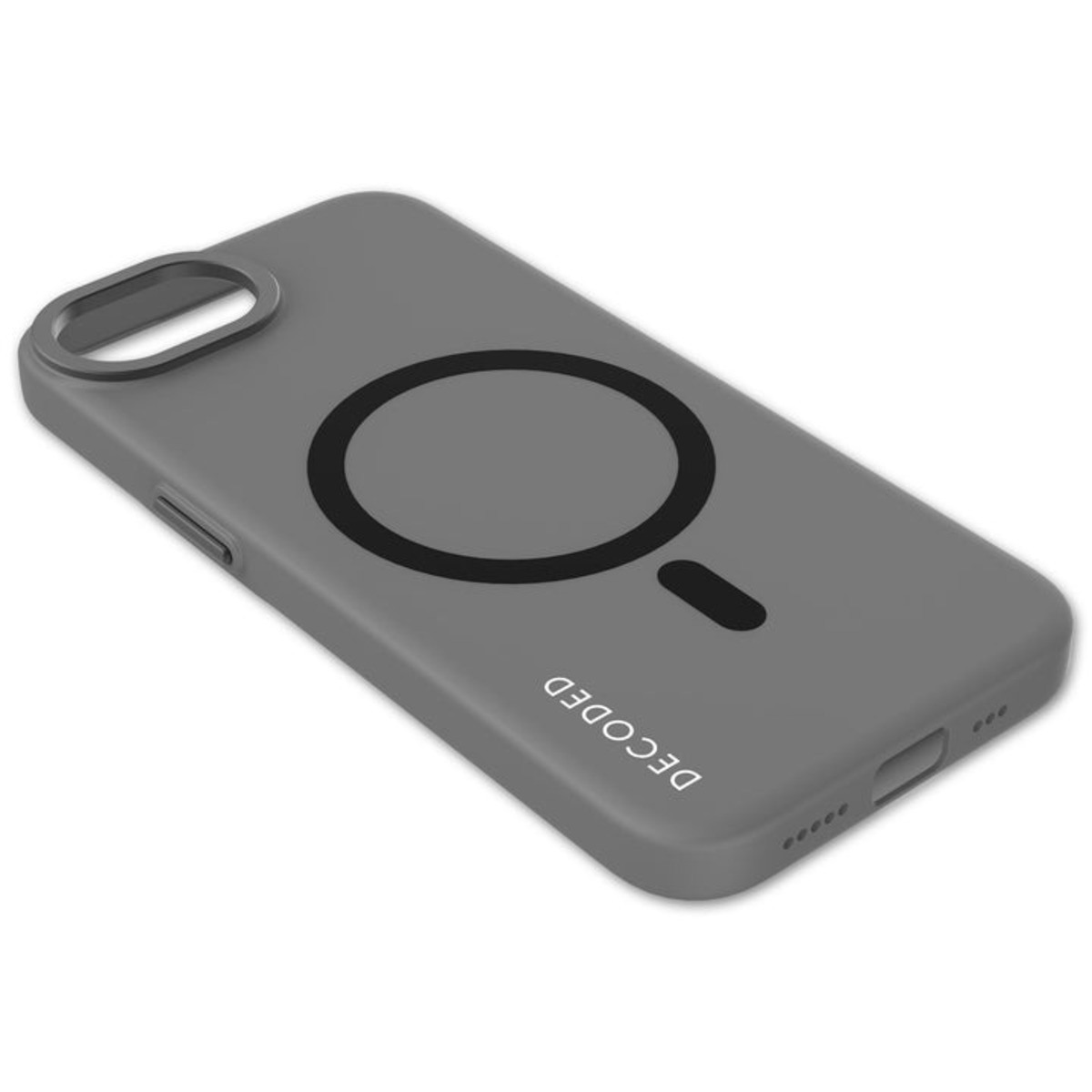 Custodia grigia per telefono con un cerchio nero. La parola DECODED è in basso. La custodia è per un telefono.