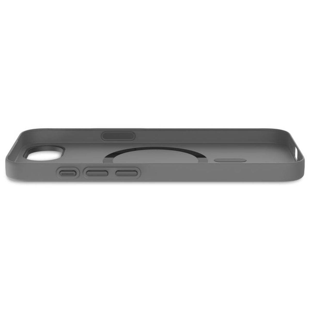 Una custodia per telefono grigia. Ha ritagli per i pulsanti e un anello nero per la ricarica MagSafe.