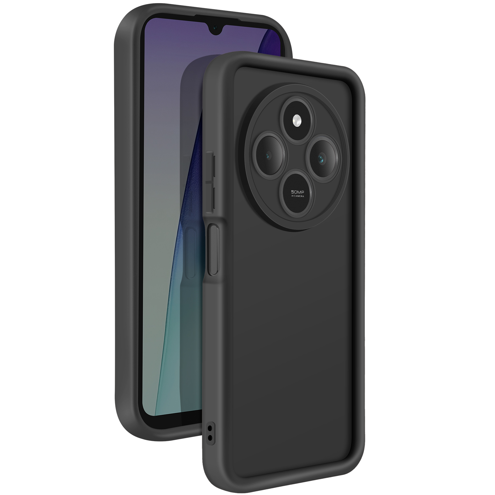 Custodia nera per telefono con telefono all'interno. Configurazione a tripla fotocamera visibile.