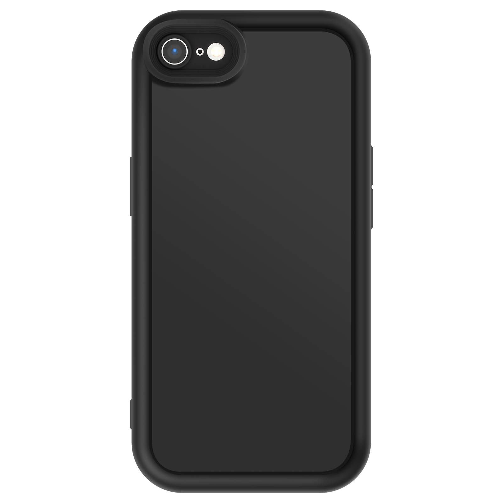 Un telefono nero in una custodia nera con un rilievo per la fotocamera è mostrato su sfondo bianco. L'obiettivo della fotocamera è visibile.