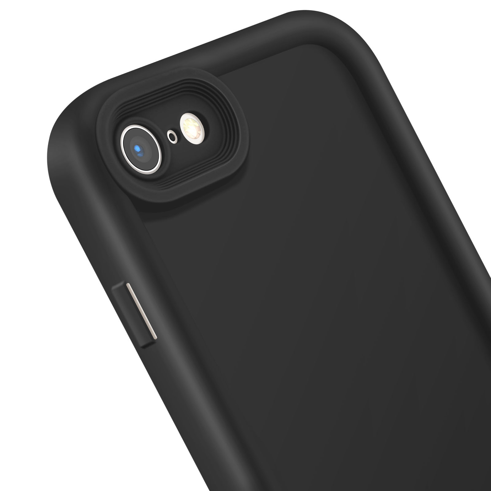 Primo piano di un telefono nero con l'obiettivo della fotocamera e il flash visibili.