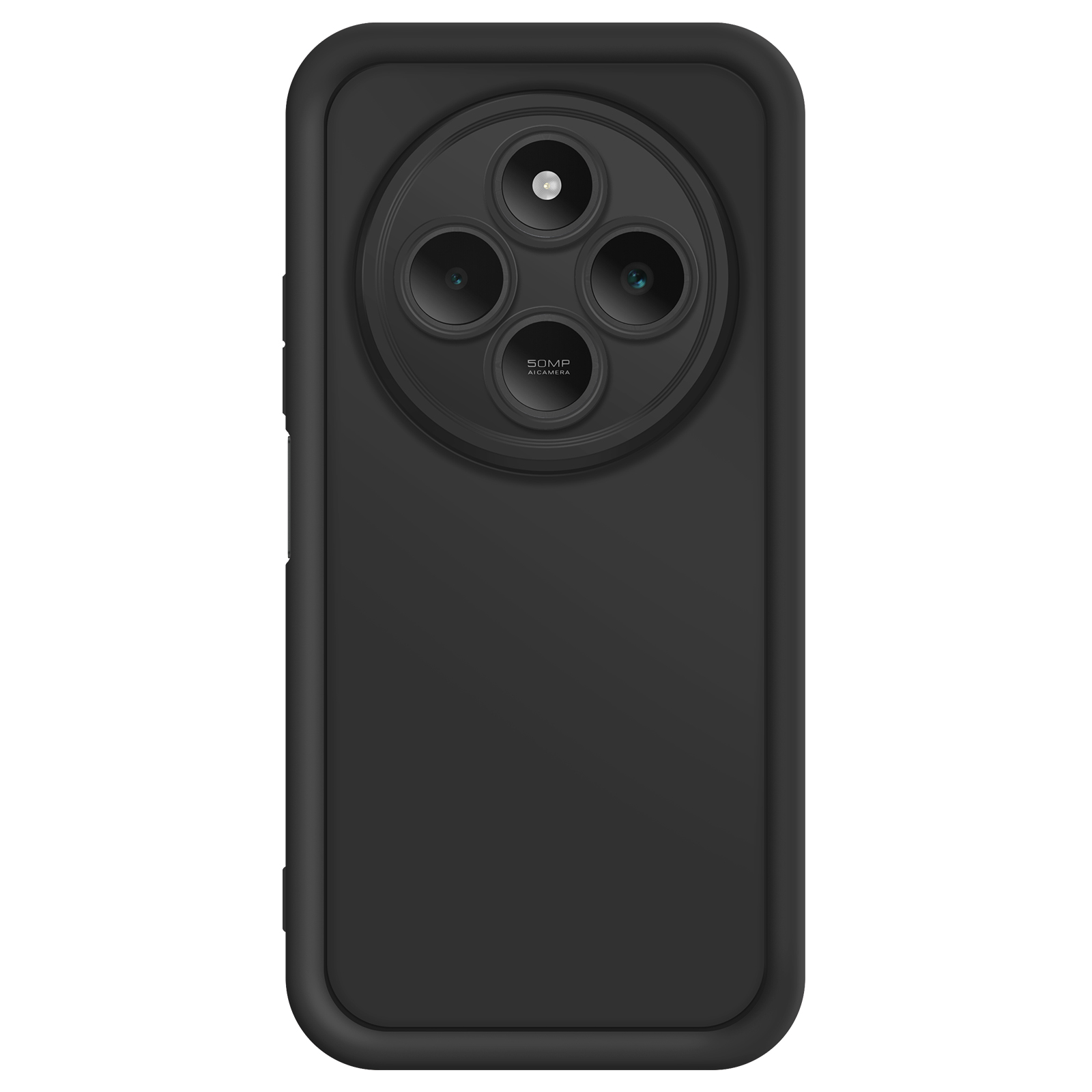 Custodia per telefono nera con più fotocamere e una cornice nera arrotondata.