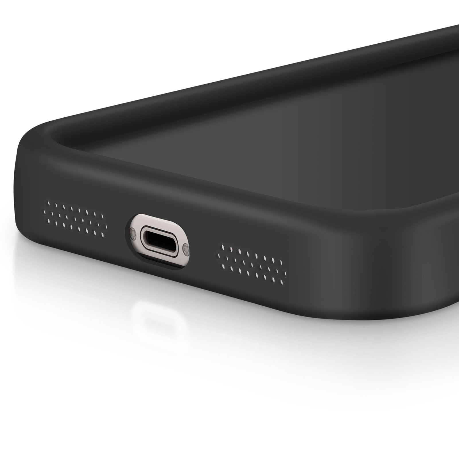 Primo piano di un telefono nero con porta di ricarica e fori per altoparlanti visibili.