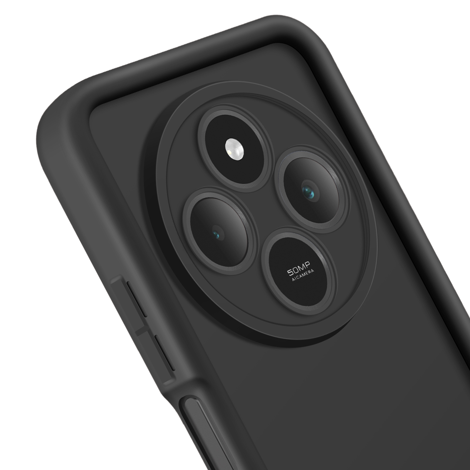 Custodia nera con modulo fotocamera e tre lenti.