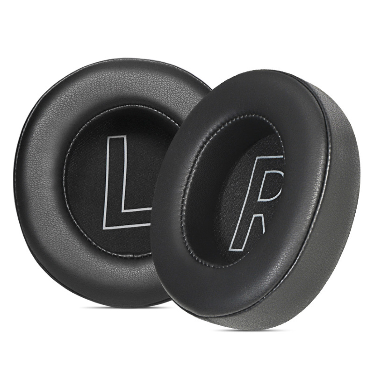 Cuscinetti auricolari per cuffie neri con lettere bianche 'L' e 'R'.