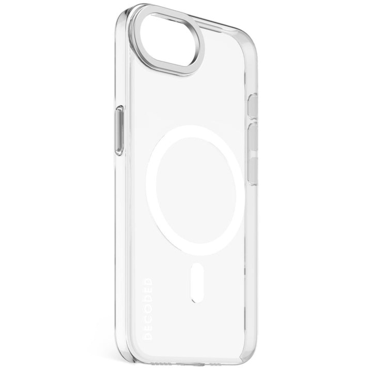 Custodia trasparente per telefono con un cerchio bianco e una piccola linea nera. Ha un ritaglio in alto e la parola DECODED.