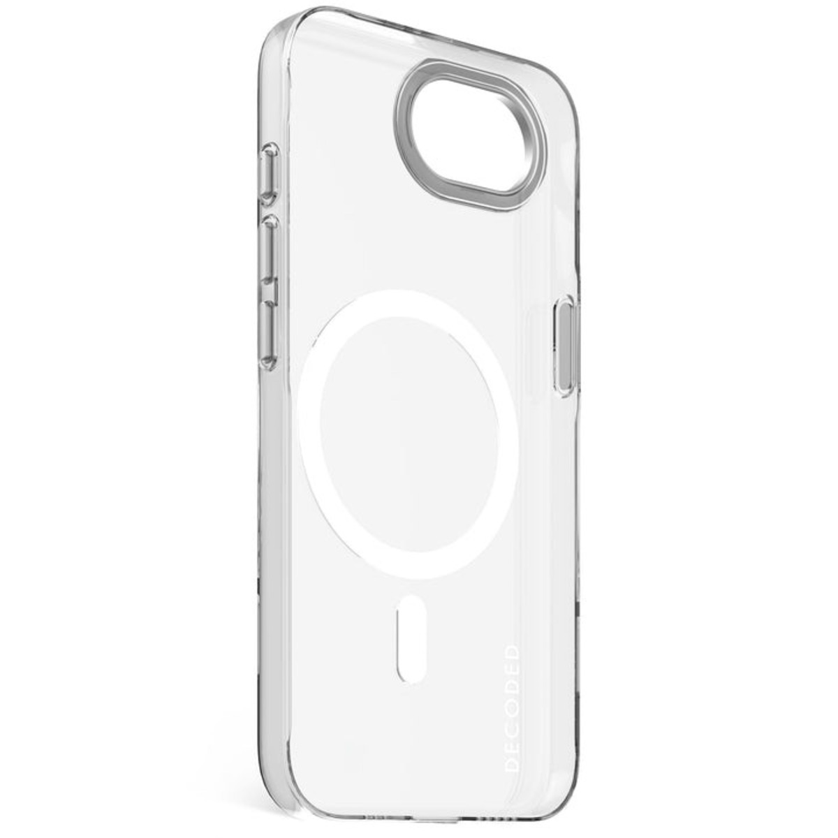 Custodia trasparente con logo Apple, cerchio nero e segno meno, la parola 'DECODED'.