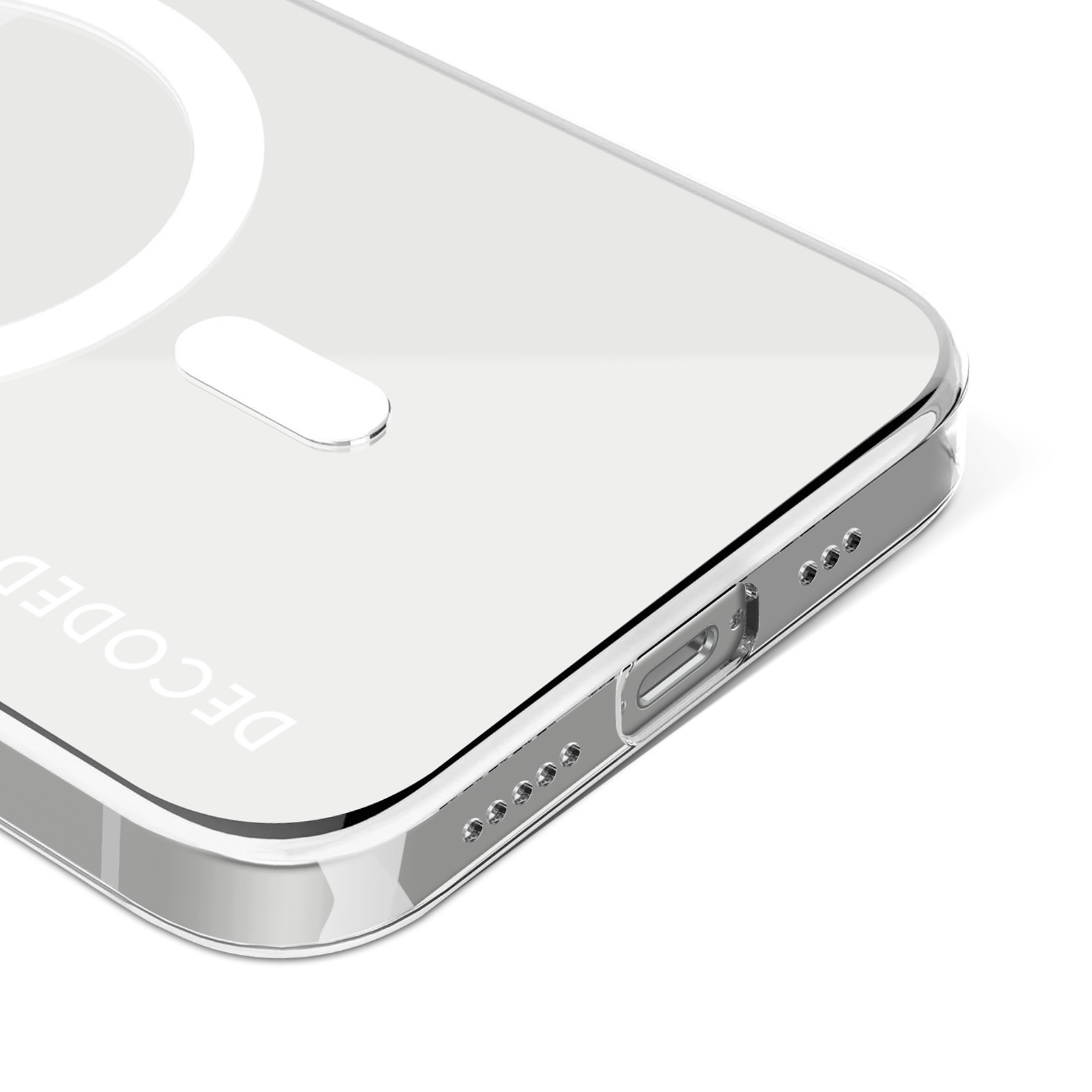 Custodia trasparente per telefono, vista laterale con testo 'DECODED'.