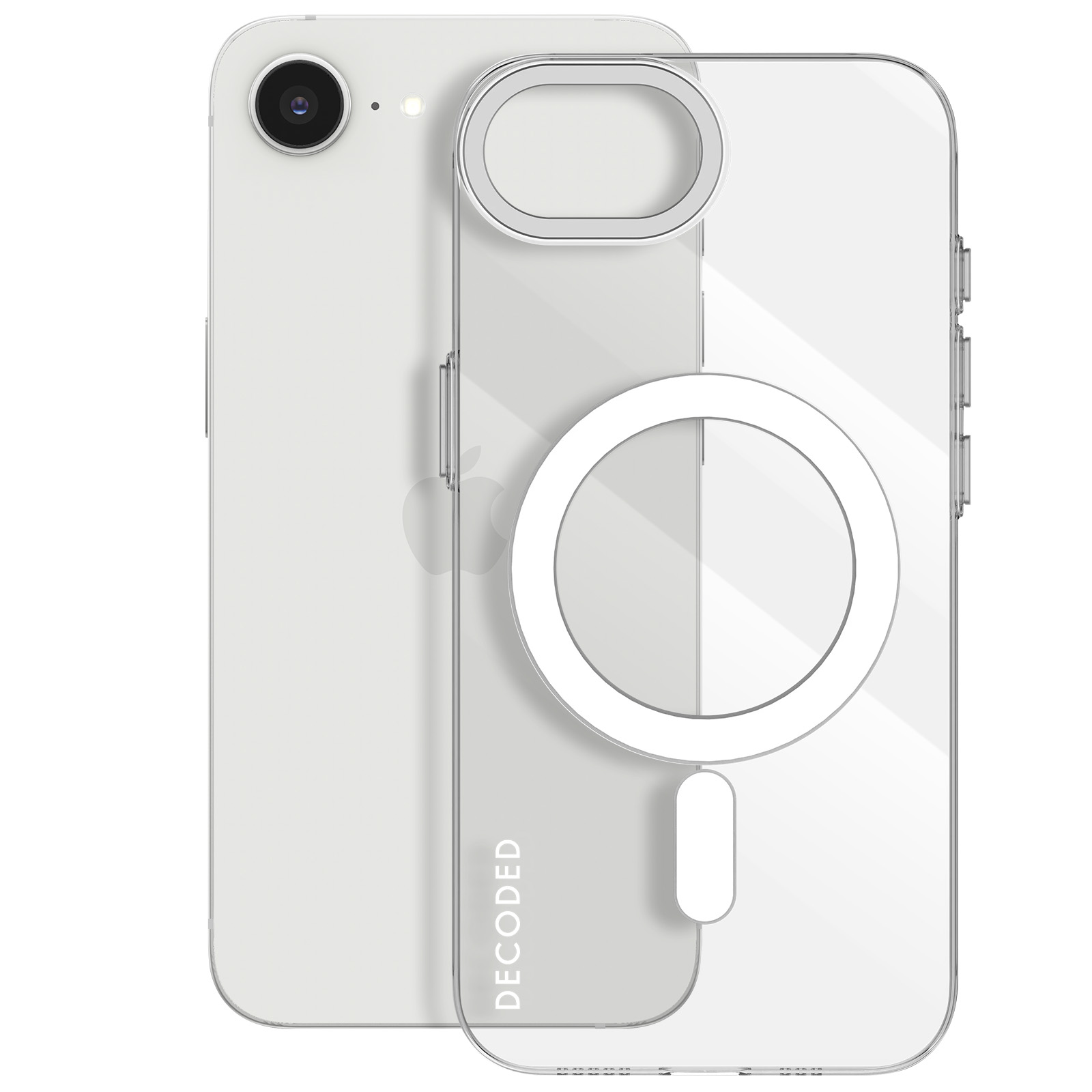 iPhone bianco con una custodia trasparente. La custodia ha un anello e un cerchio magnetico sul retro.
