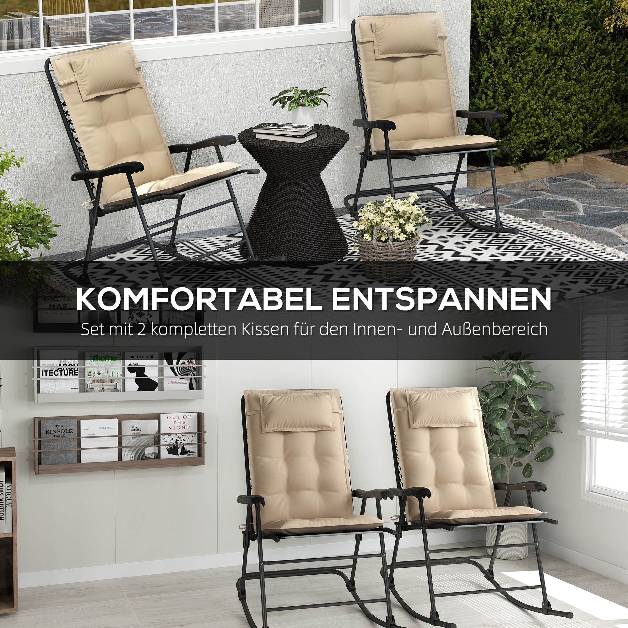 Zwei beige Stühle auf einer Matte. Die Szene spielt sich im Freien ab. Es gibt auch einen kleinen schwarzen Tisch und einige Pflanzen.