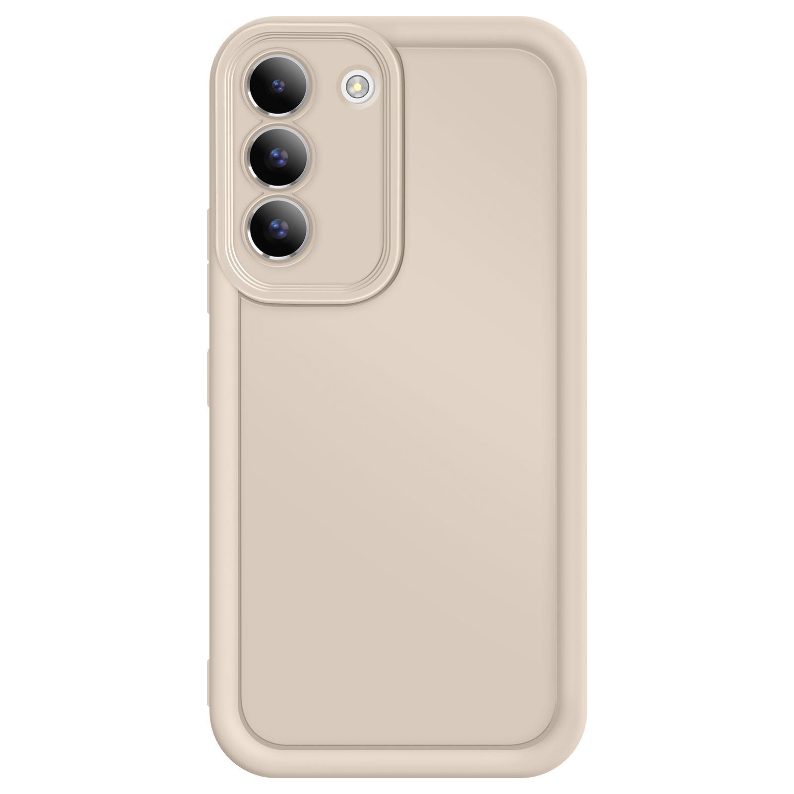 Custodia beige per telefono con tre fotocamere. Isolato su bianco.