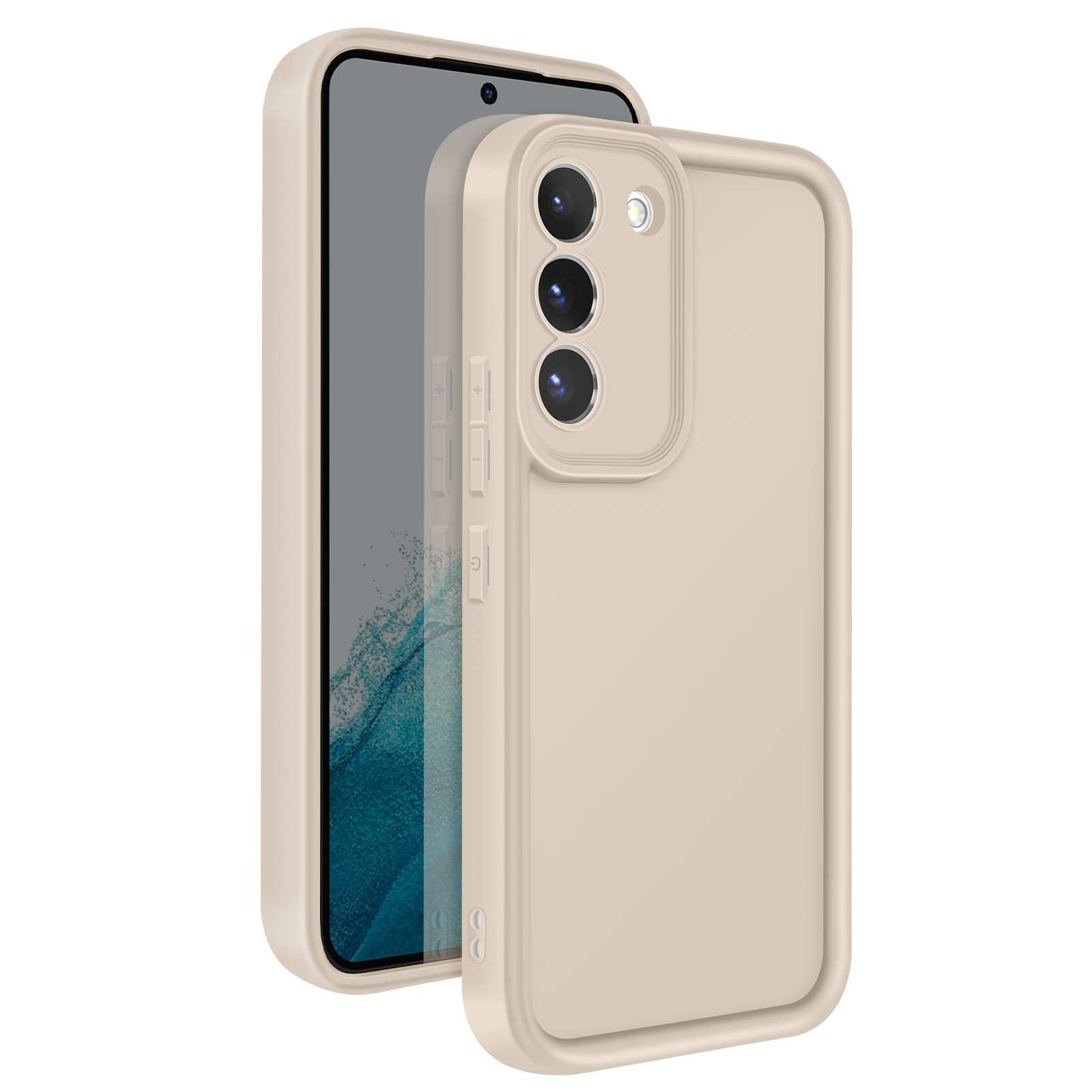 Telefono con custodia. Custodia beige, con tre fotocamere. Viene visualizzato lo schermo del telefono.