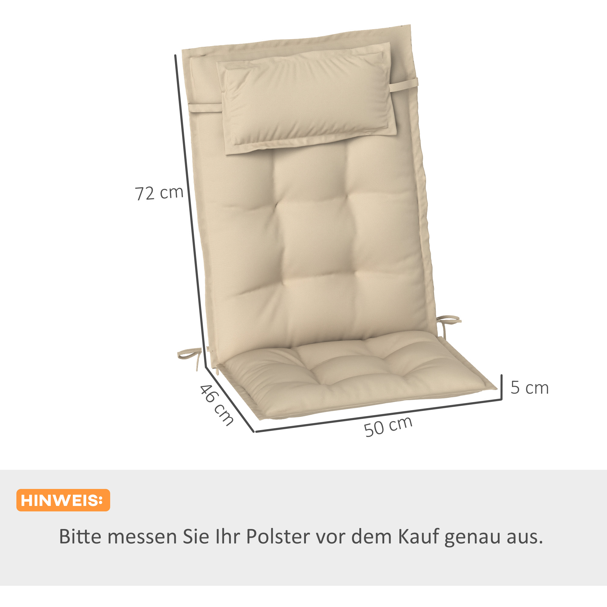 Beiges Outdoor-Stuhlkissen-Set mit abgebildeten Maßen. Die Maße sind in cm angegeben.