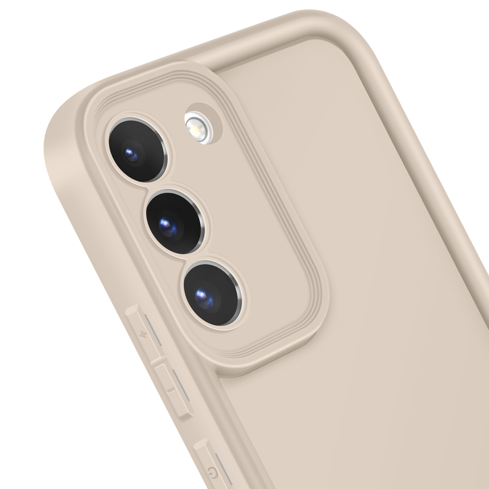 Primo piano di una custodia per telefono beige con tre fotocamere. Vengono mostrati i pulsanti.