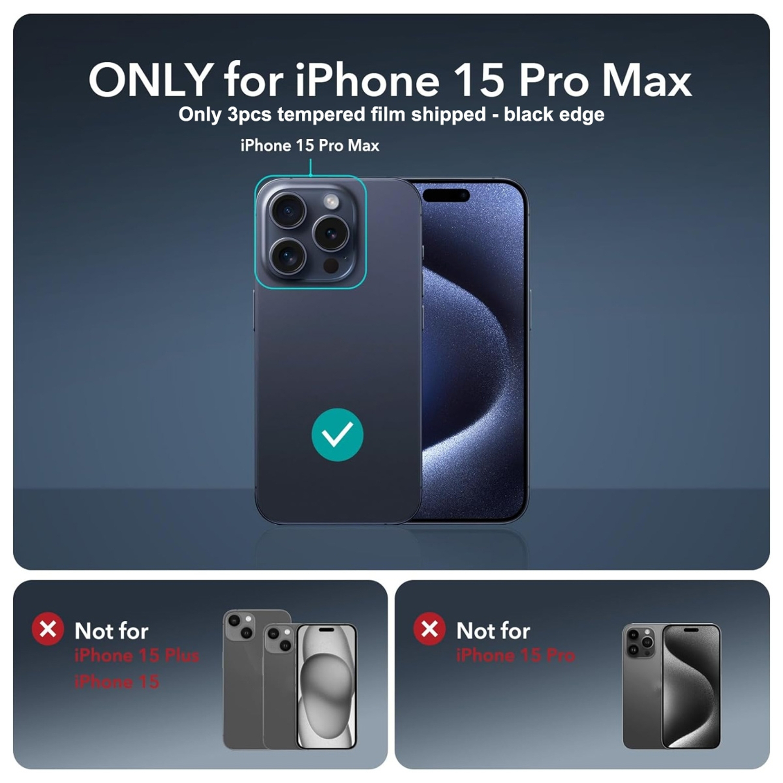 Das Bild zeigt ein Telefon mit Displayschutzfolie, mit Etiketten für das iPhone 15 Pro Max.