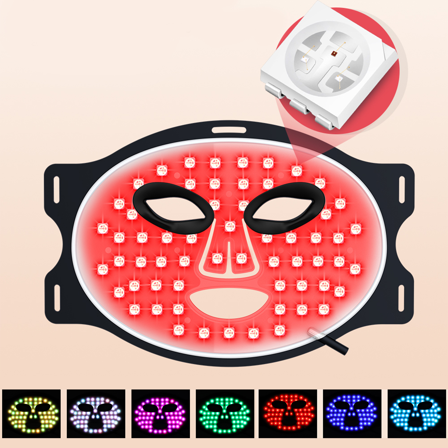 LED-Gesichtsmaske mit roten Lichtern und Nahaufnahme der LED-Leuchten.