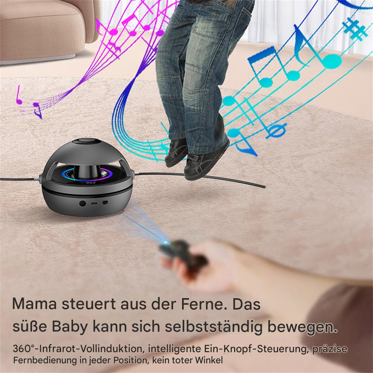 Ein Kind springt in der Nähe eines Lautsprechers, der ferngesteuert wird. Bunte Noten und Text sind vorhanden.