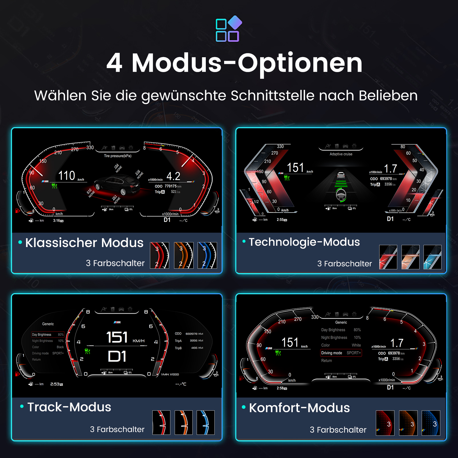 Vier Auto-Dashboard-Modi: Klassik, Technologie, Track und Komfort, jeweils mit unterschiedlicher Anzeige.