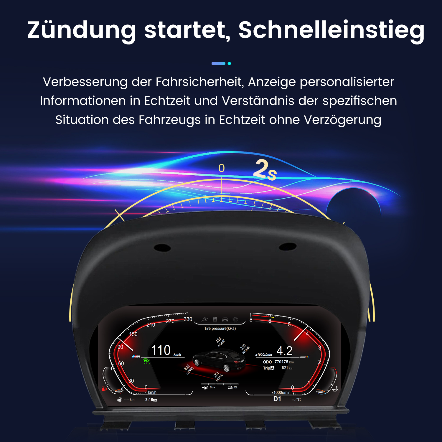 Auto-Armaturenbrett mit Digitalanzeige, die Geschwindigkeit, Drehzahl und andere Daten anzeigt.