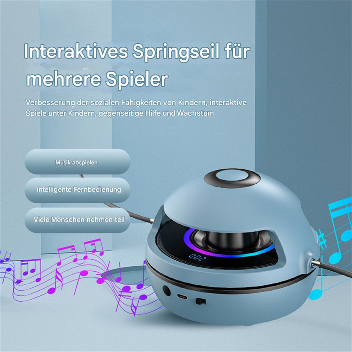 Blaues Gerät mit Display und Noten. Texte beschreiben interaktives Spielen und Musik.