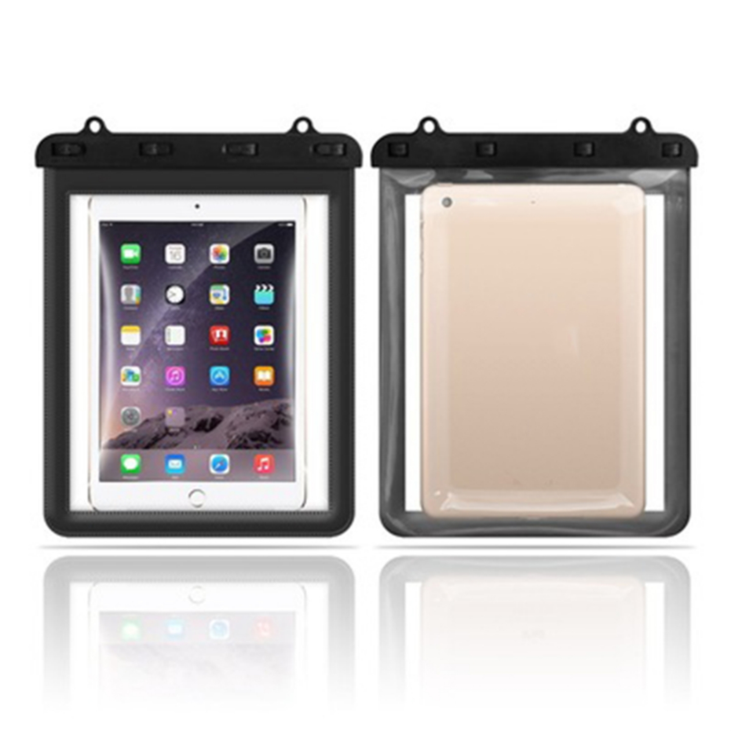 Zwei wasserdichte Hüllen. Eine zeigt ein iPad mit Apps, die andere die Rückseite. Beide haben schwarze Ränder.