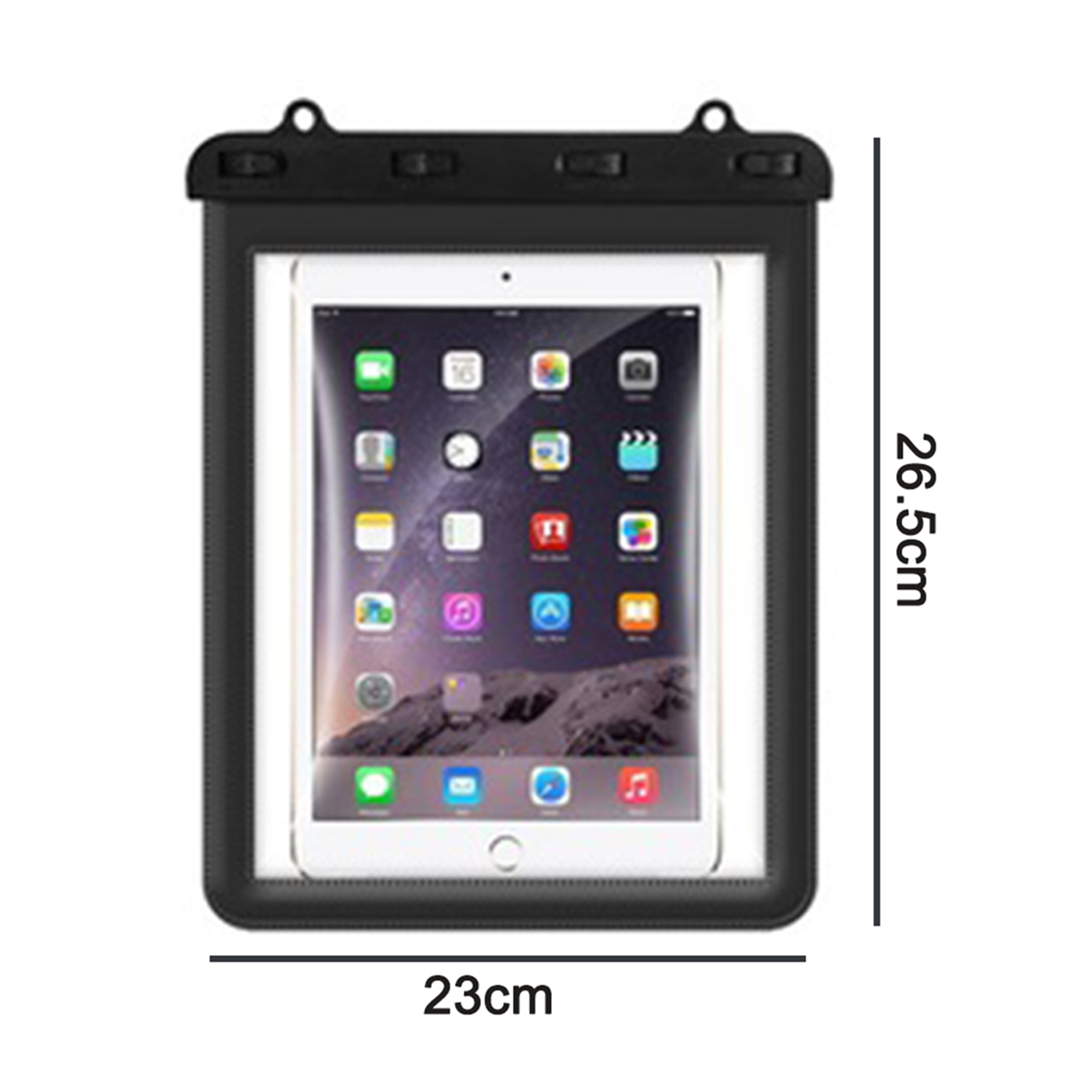 Tablet in einer wasserdichten Hülle. Die Hülle ist schwarz mit Maßen.