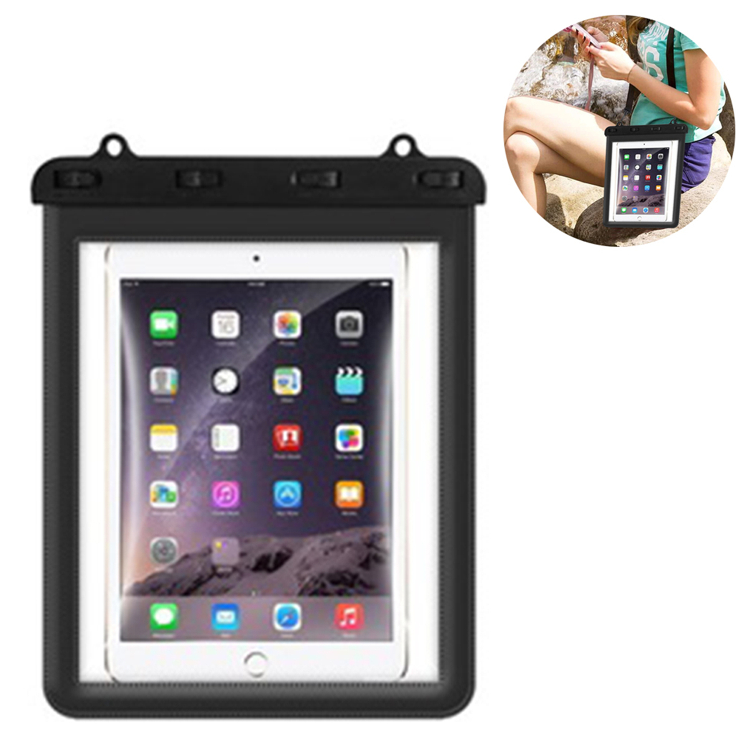 Tablet in einer schwarzen, wasserdichten Hülle. Eine Person hält das Tablet in der Hülle.