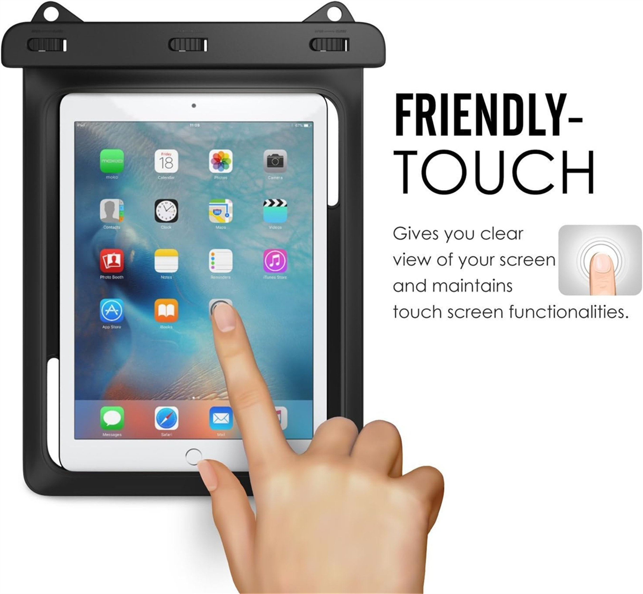 Tablet in schwarzer wasserdichter Hülle. Eine Hand berührt den Bildschirm. Text: 'Friendly Touch'.