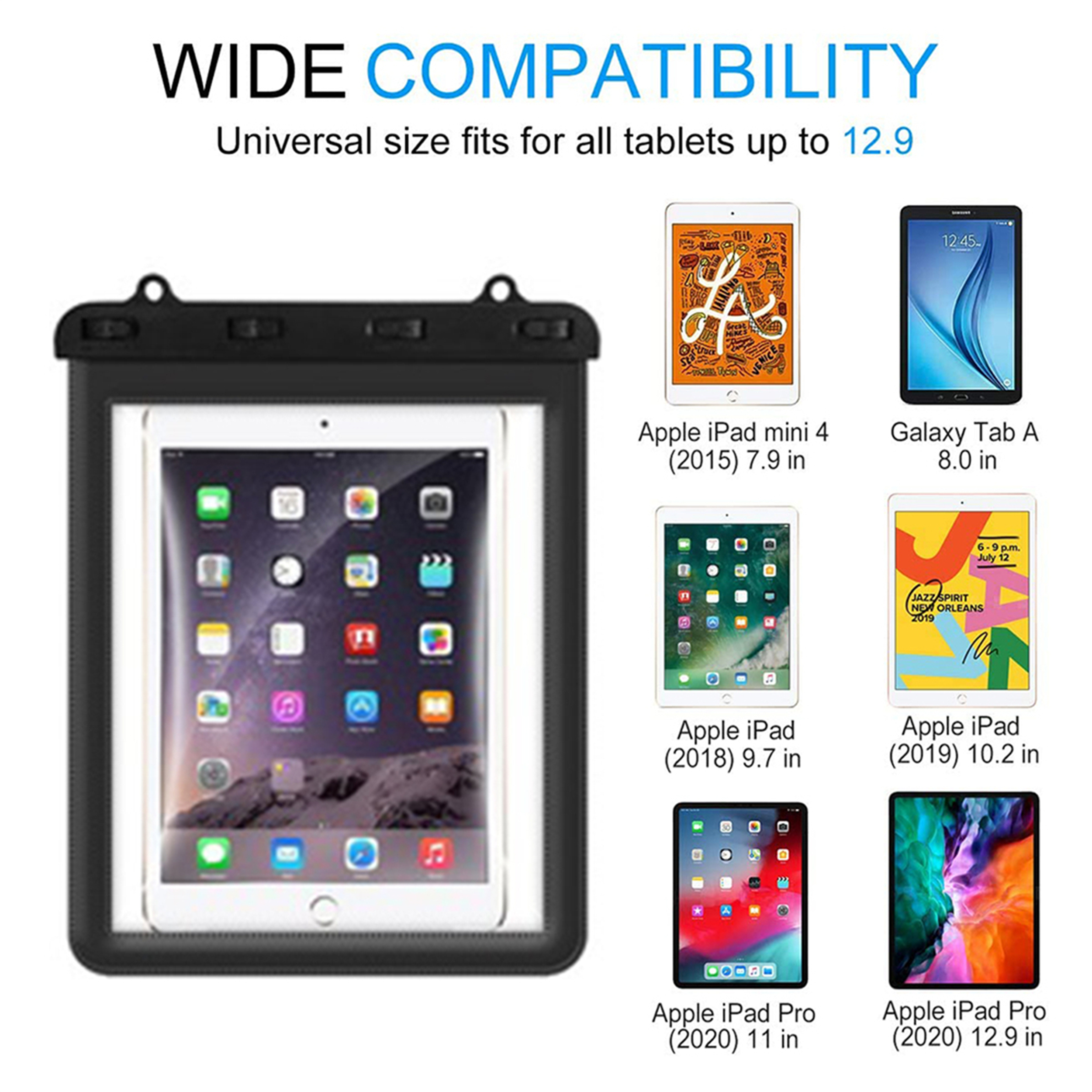 Tablet in schwarzer wasserdichter Hülle. Beispiele für kompatible Tablets werden gezeigt.