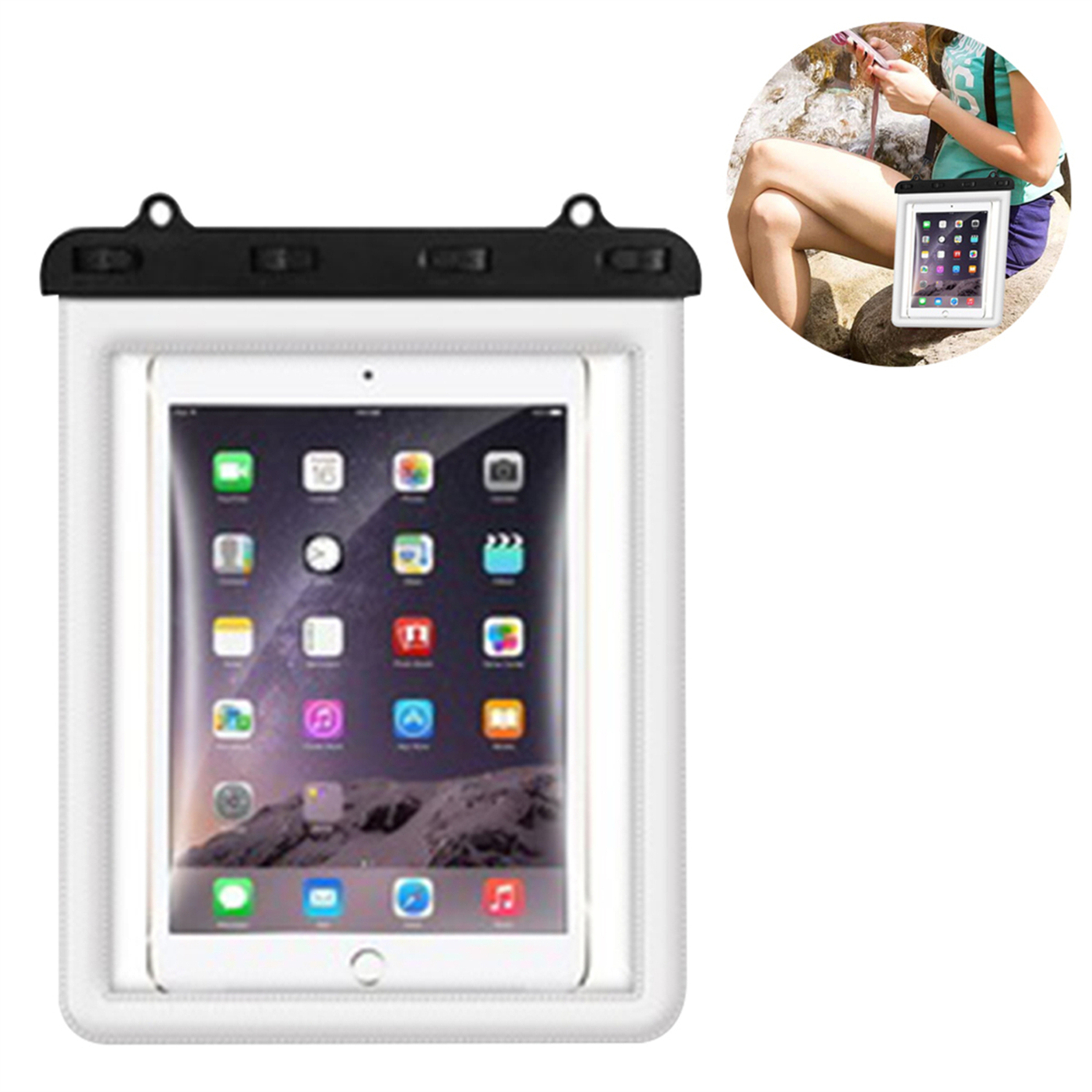 Weiße wasserdichte Hülle mit einem Tablet. Eine Person benutzt es im Hintergrund.