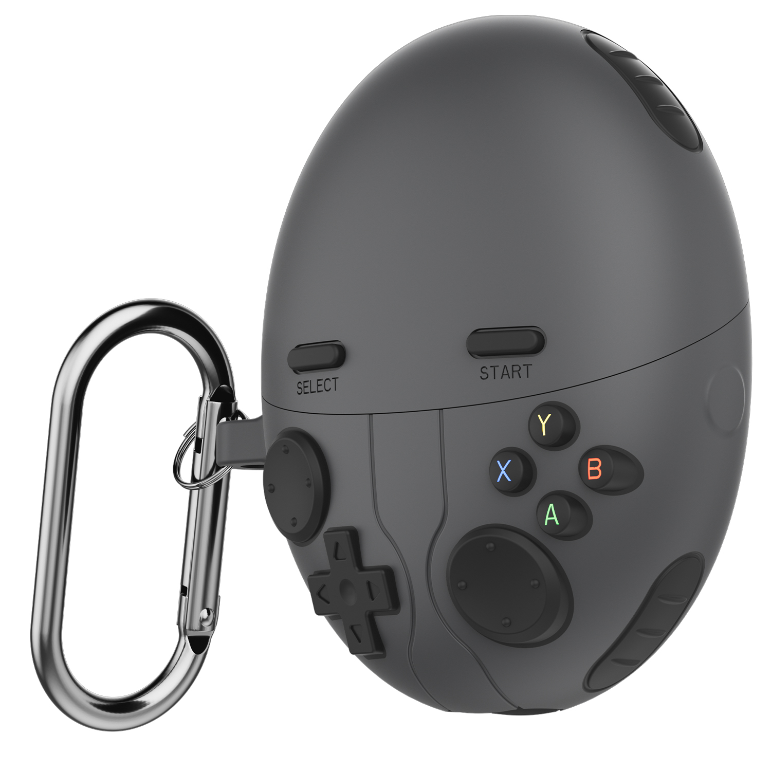 Un controller di gioco grigio a forma ovale con pulsanti e moschettone. I pulsanti sono verdi, rossi, blu e gialli.
