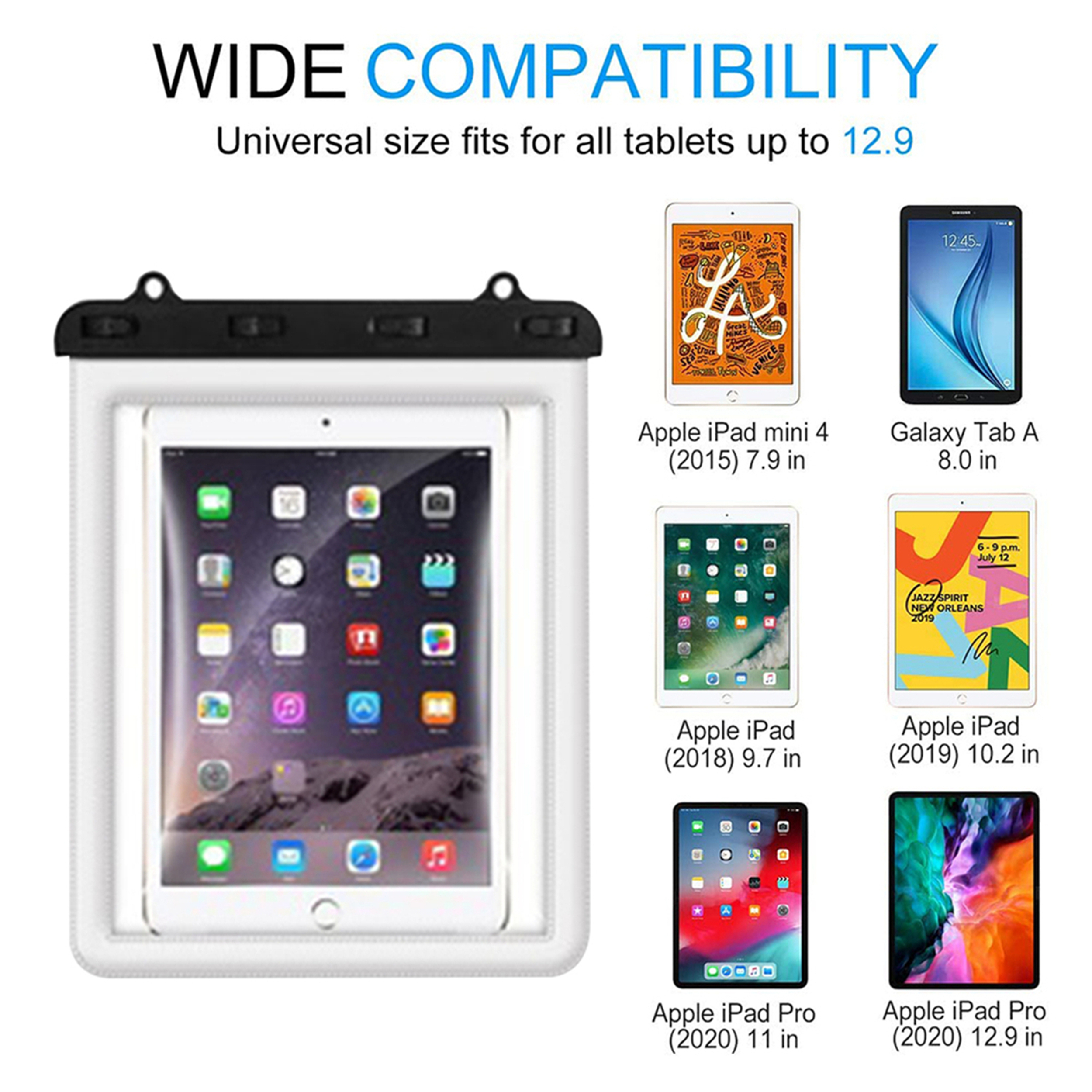 Eine wasserdichte Tasche mit Tablets. Tablets sind: Apple iPad und Galaxy Tab A.