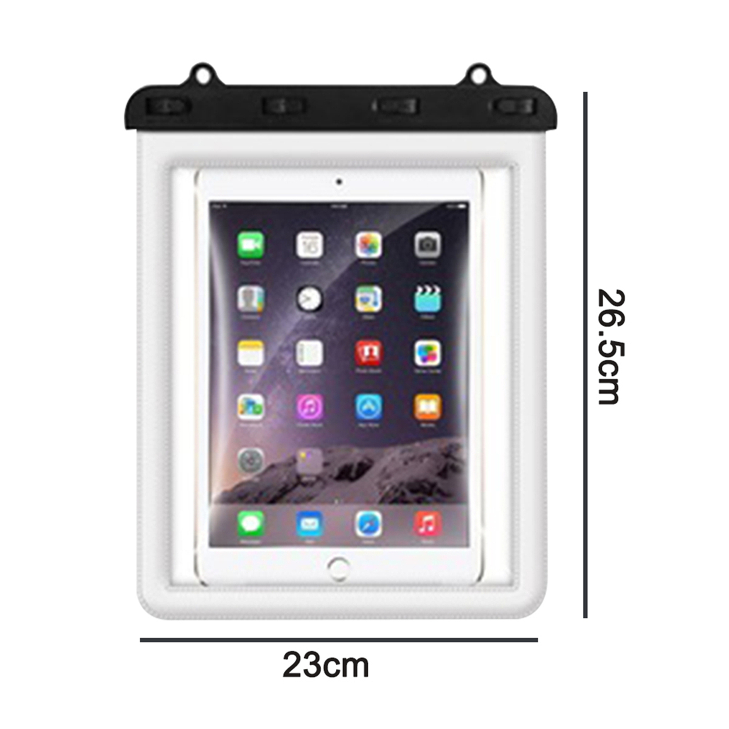 Eine weiße wasserdichte Hülle mit schwarzem Deckel hält ein Tablet. Abmessungen sind 23 cm x 26,5 cm.
