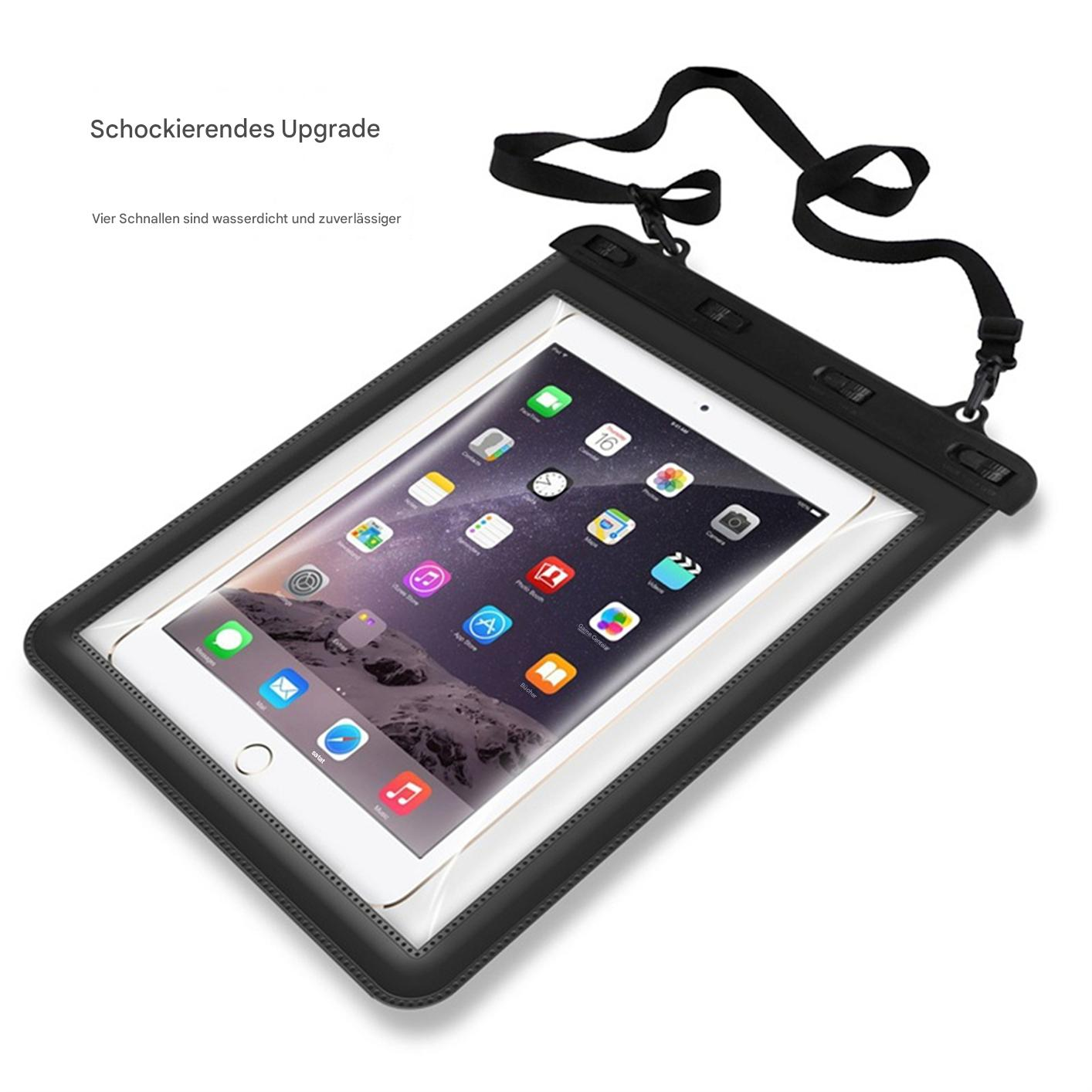 Tablet in wasserdichter schwarzer Tasche. Tasche mit Gurt, Text: stoßfest und zuverlässig.