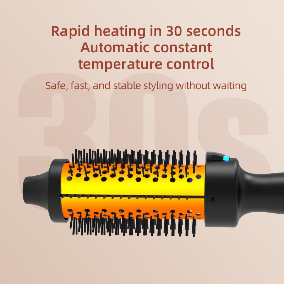 Hair styling tool with yellow and black bristles, with text about rapid heating and temperature control.