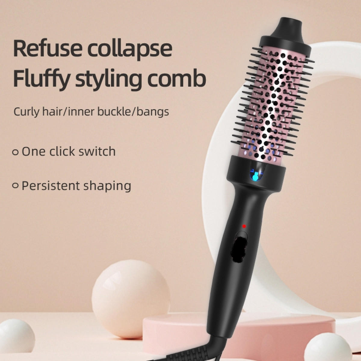 The image shows a hair styling brush with text, on a light brown background with decorative elements.