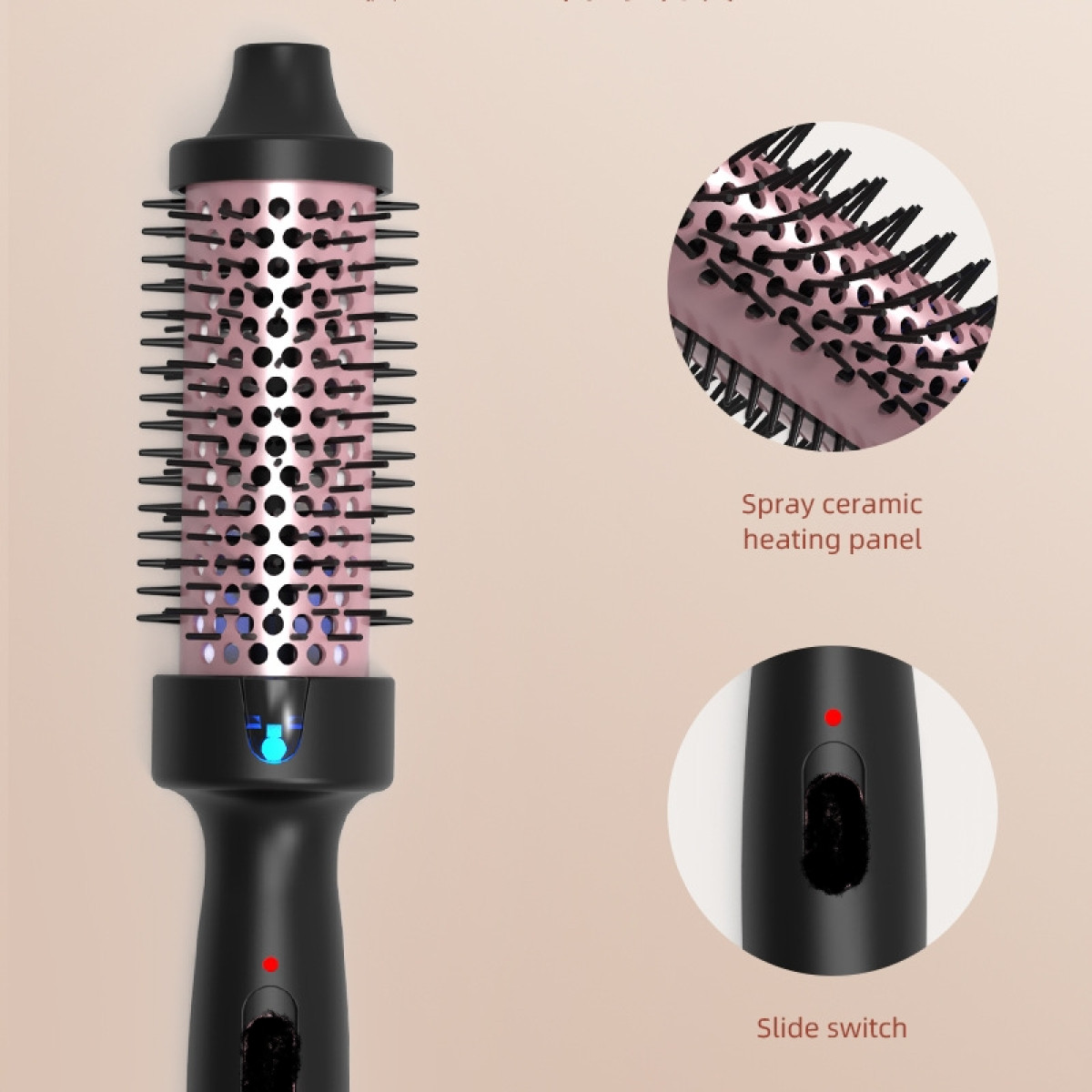 Close-up of a hair styling brush with details of the heating panel and switch. Pink and black colors.