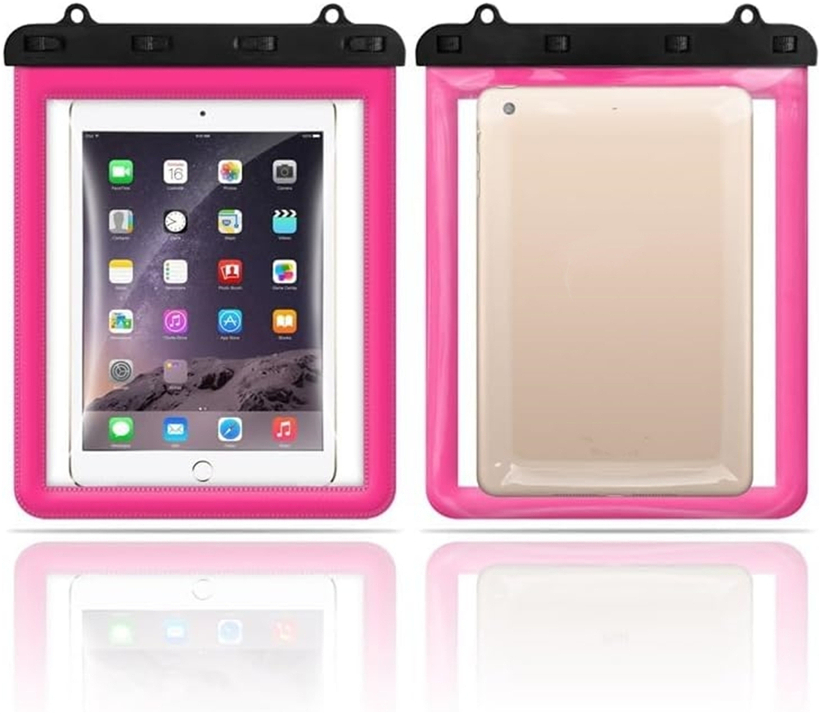 Zwei transparente wasserdichte Hüllen. Eine zeigt ein iPad mit Apps, die andere die Rückseite. Beide haben pinke Ränder.