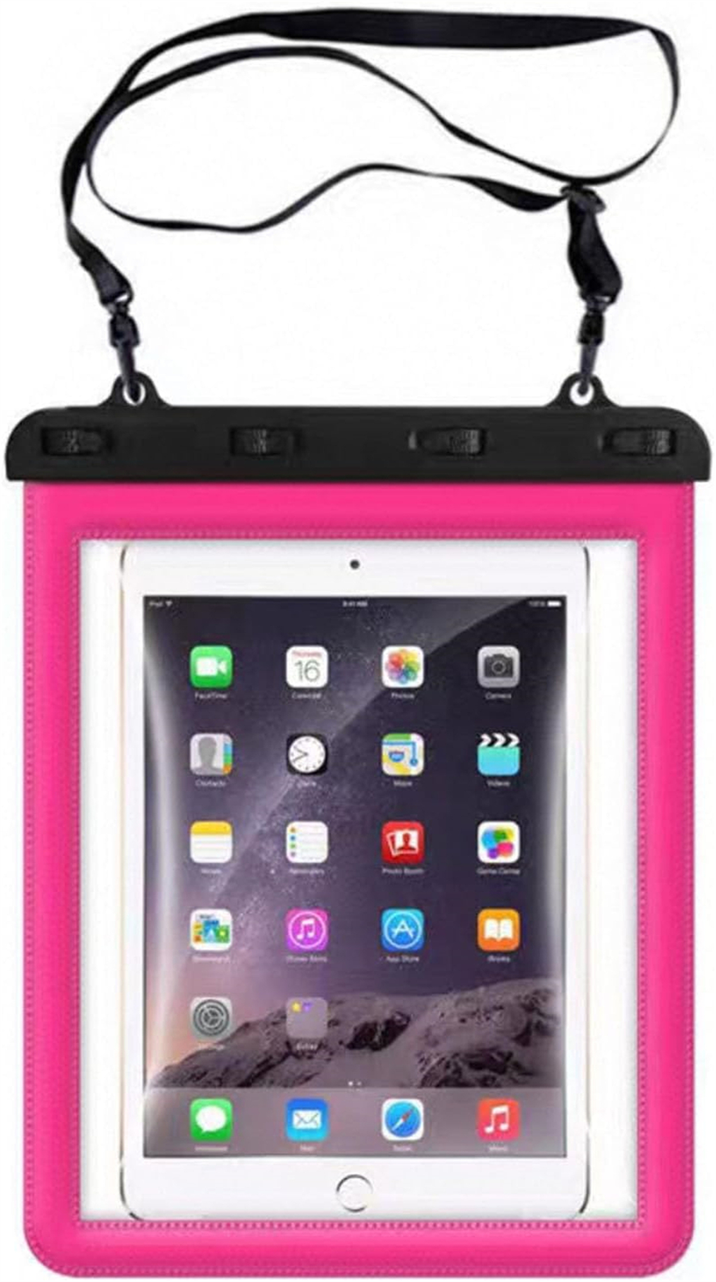 Eine pinkfarbene wasserdichte Hülle mit einem Tablet darin. Ein schwarzer Riemen zum Tragen ist befestigt.