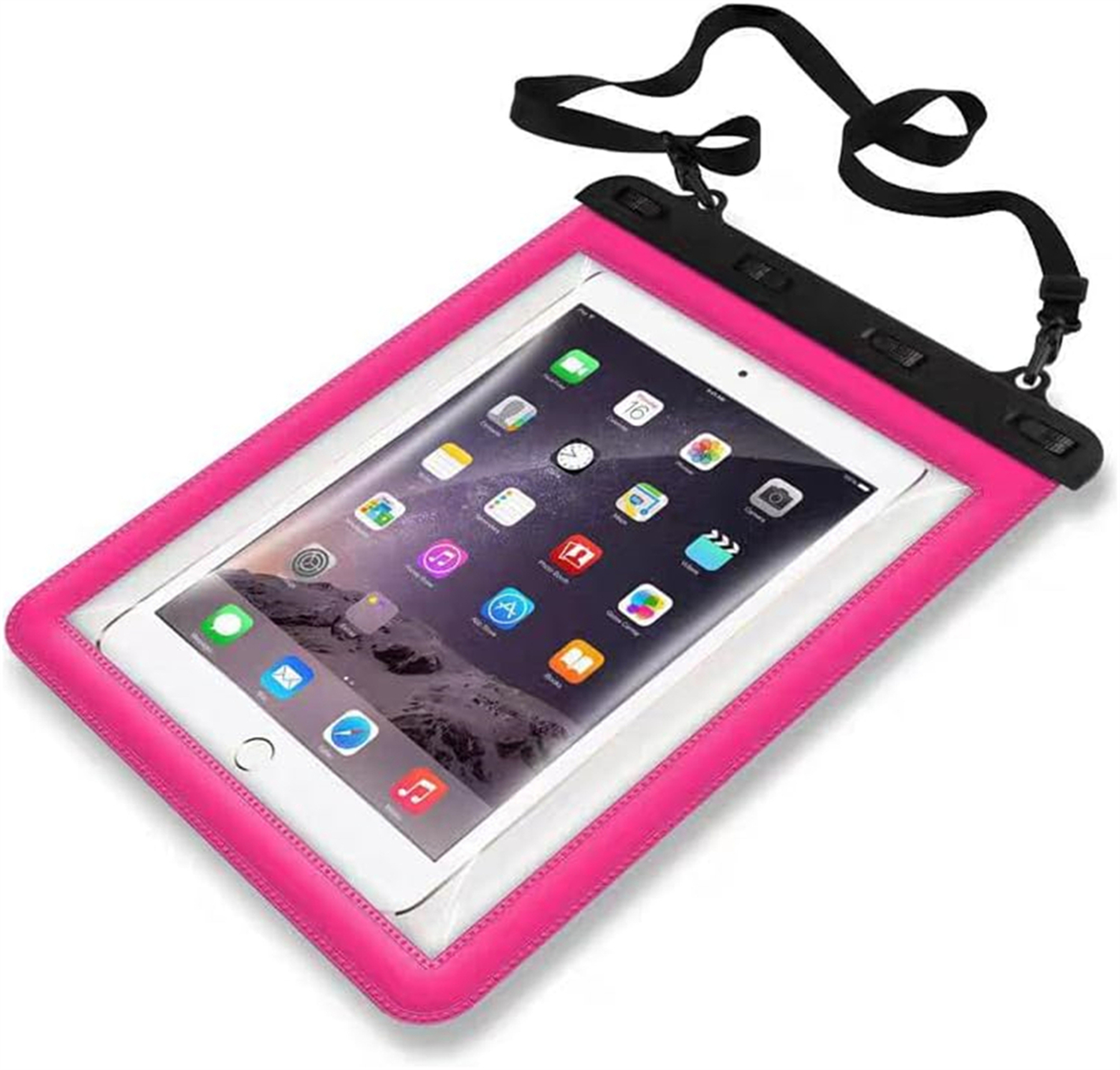 Eine rosa wasserdichte Hülle mit Tablet und sichtbaren Apps, mit schwarzem Rahmen und schwarzem Umhängeband.