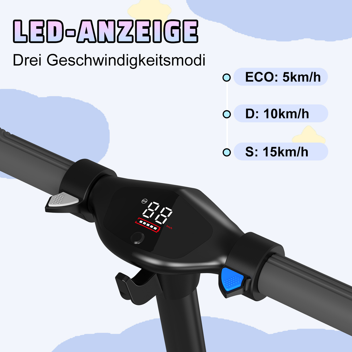 Zbliżenie wyświetlacza na kierownicy skutera z ustawieniami prędkości: ECO, D, S.