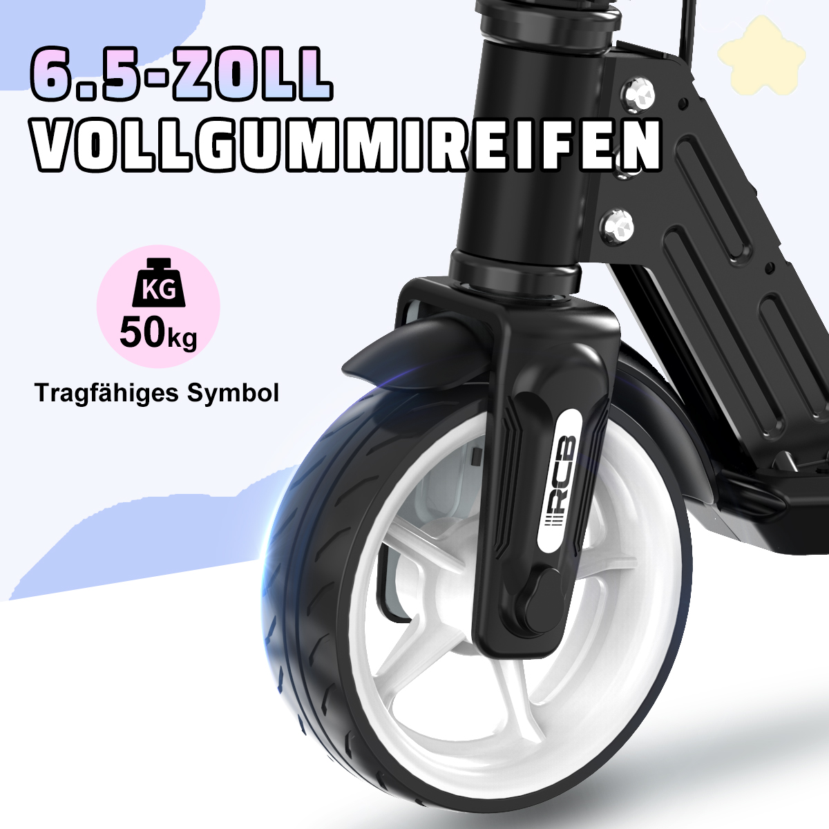 Czarno-białe koło skutera z czarną ramą. Koło ma 6,5 cala.